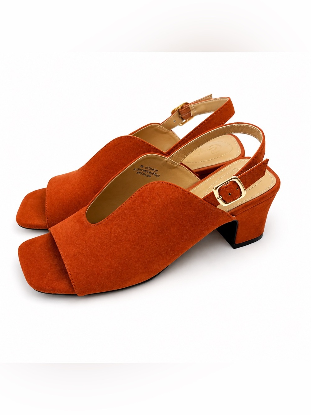 Orange Faux Suede Block Heel Open Square Toe Slingback Cutout Sandals Size 9